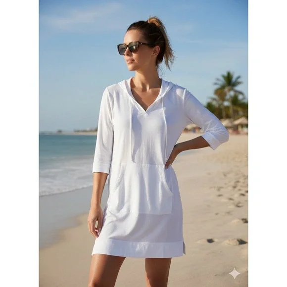 LL Bean Womens White 100% Cotton Hooded Tunic Swim Cover Up 3/4 Sleeve Size M - Picture 1 of 7